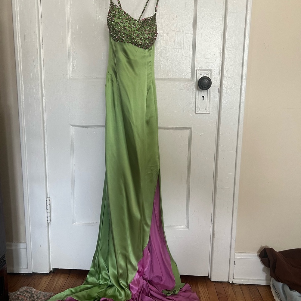 Elegant Green and Pink Evening Gown